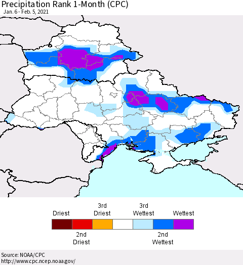 Ukraine, Moldova and Belarus Precipitation Rank 1-Month (CPC) Thematic Map For 1/6/2021 - 2/5/2021