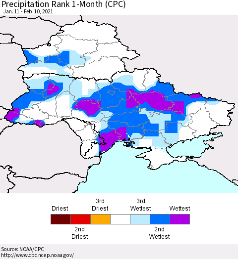Ukraine, Moldova and Belarus Precipitation Rank since 1981, 1-Month (CPC) Thematic Map For 1/11/2021 - 2/10/2021