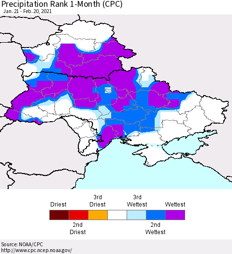 Ukraine, Moldova and Belarus Precipitation Rank since 1981, 1-Month (CPC) Thematic Map For 1/21/2021 - 2/20/2021