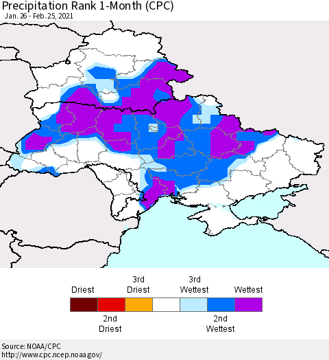 Ukraine, Moldova and Belarus Precipitation Rank since 1981, 1-Month (CPC) Thematic Map For 1/26/2021 - 2/25/2021