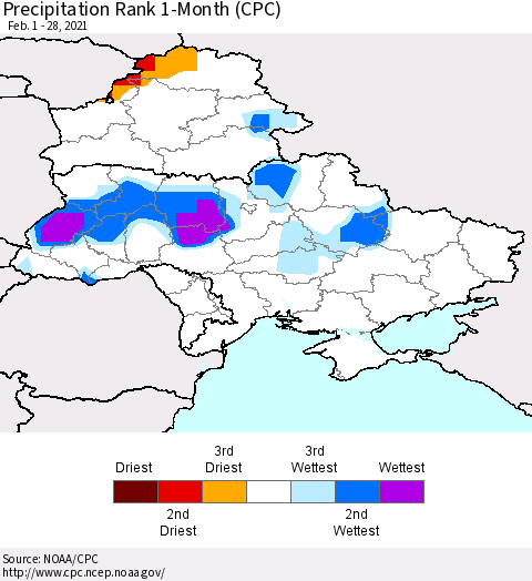 Ukraine, Moldova and Belarus Precipitation Rank 1-Month (CPC) Thematic Map For 2/1/2021 - 2/28/2021