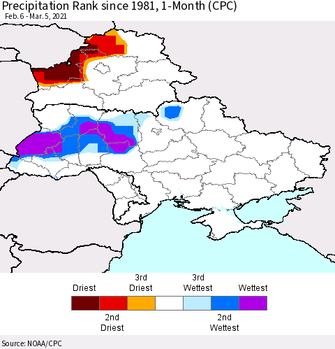 Ukraine, Moldova and Belarus Precipitation Rank 1-Month (CPC) Thematic Map For 2/6/2021 - 3/5/2021