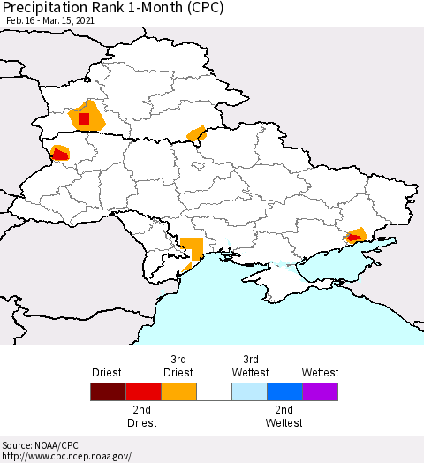 Ukraine, Moldova and Belarus Precipitation Rank 1-Month (CPC) Thematic Map For 2/16/2021 - 3/15/2021