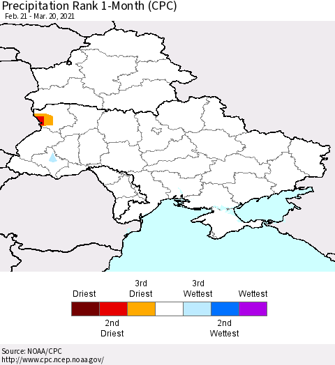 Ukraine, Moldova and Belarus Precipitation Rank 1-Month (CPC) Thematic Map For 2/21/2021 - 3/20/2021