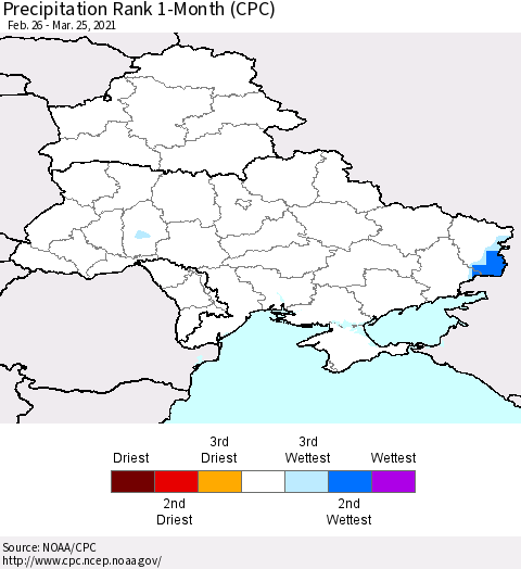 Ukraine, Moldova and Belarus Precipitation Rank 1-Month (CPC) Thematic Map For 2/26/2021 - 3/25/2021