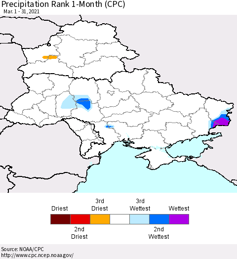 Ukraine, Moldova and Belarus Precipitation Rank 1-Month (CPC) Thematic Map For 3/1/2021 - 3/31/2021