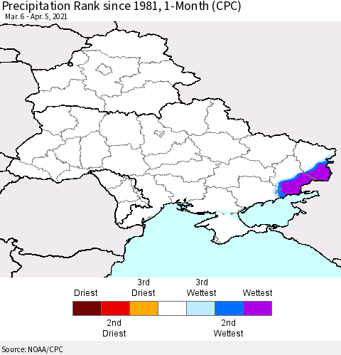 Ukraine, Moldova and Belarus Precipitation Rank 1-Month (CPC) Thematic Map For 3/6/2021 - 4/5/2021