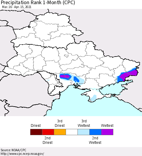 Ukraine, Moldova and Belarus Precipitation Rank 1-Month (CPC) Thematic Map For 3/16/2021 - 4/15/2021