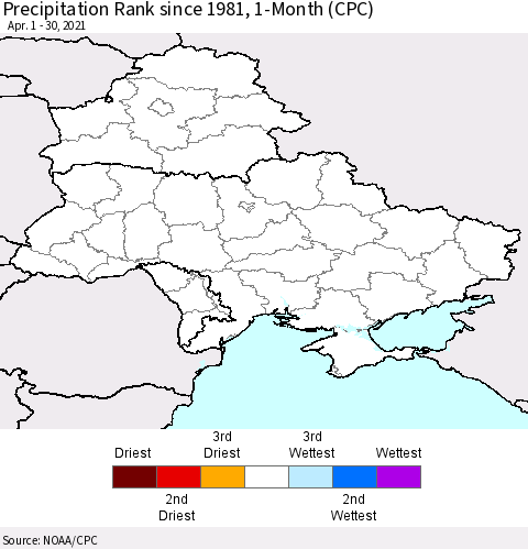 Ukraine, Moldova and Belarus Precipitation Rank since 1981, 1-Month (CPC) Thematic Map For 4/1/2021 - 4/30/2021