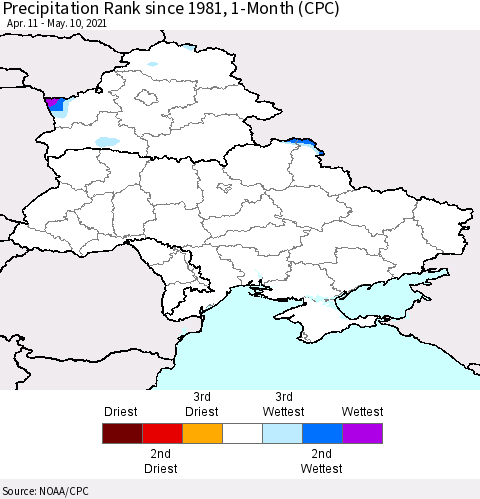 Ukraine, Moldova and Belarus Precipitation Rank 1-Month (CPC) Thematic Map For 4/11/2021 - 5/10/2021