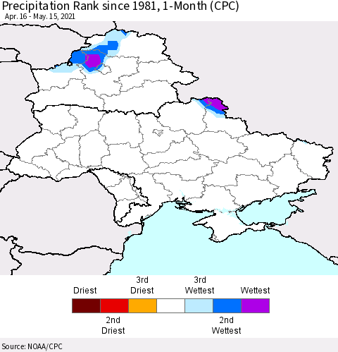 Ukraine, Moldova and Belarus Precipitation Rank 1-Month (CPC) Thematic Map For 4/16/2021 - 5/15/2021