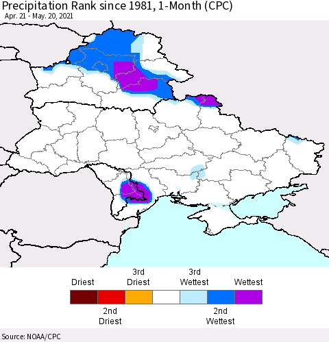 Ukraine, Moldova and Belarus Precipitation Rank since 1981, 1-Month (CPC) Thematic Map For 4/21/2021 - 5/20/2021