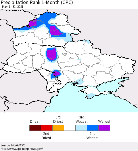 Ukraine, Moldova and Belarus Precipitation Rank 1-Month (CPC) Thematic Map For 5/1/2021 - 5/31/2021