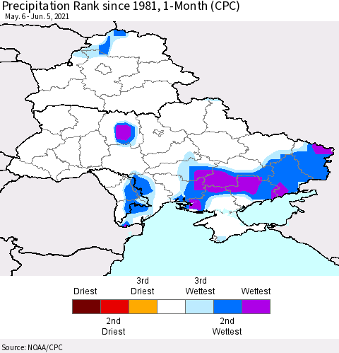 Ukraine, Moldova and Belarus Precipitation Rank 1-Month (CPC) Thematic Map For 5/6/2021 - 6/5/2021