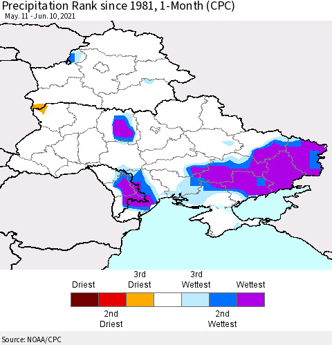 Ukraine, Moldova and Belarus Precipitation Rank 1-Month (CPC) Thematic Map For 5/11/2021 - 6/10/2021