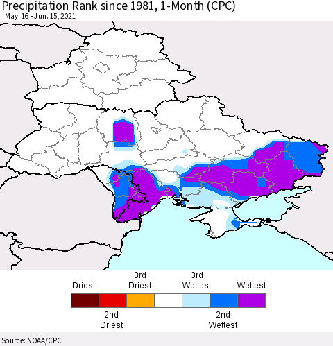 Ukraine, Moldova and Belarus Precipitation Rank 1-Month (CPC) Thematic Map For 5/16/2021 - 6/15/2021