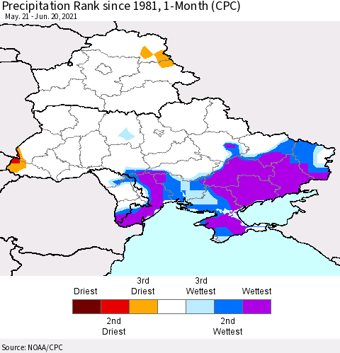 Ukraine, Moldova and Belarus Precipitation Rank 1-Month (CPC) Thematic Map For 5/21/2021 - 6/20/2021
