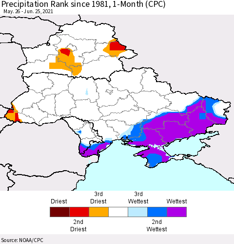 Ukraine, Moldova and Belarus Precipitation Rank since 1981, 1-Month (CPC) Thematic Map For 5/26/2021 - 6/25/2021