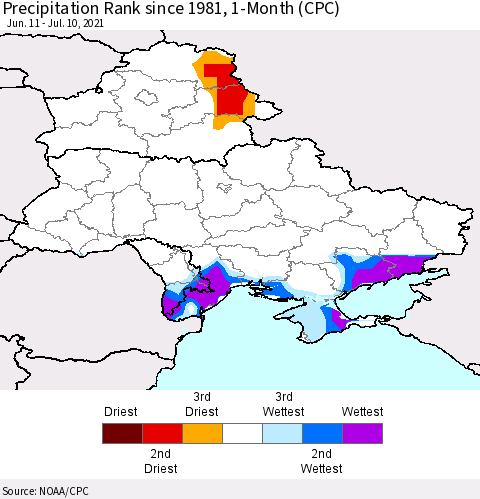Ukraine, Moldova and Belarus Precipitation Rank 1-Month (CPC) Thematic Map For 6/11/2021 - 7/10/2021