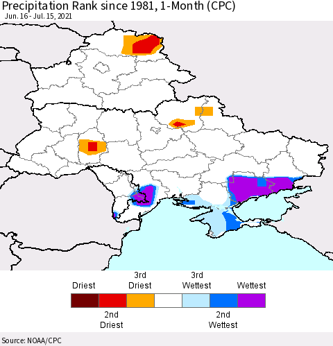 Ukraine, Moldova and Belarus Precipitation Rank since 1981, 1-Month (CPC) Thematic Map For 6/16/2021 - 7/15/2021