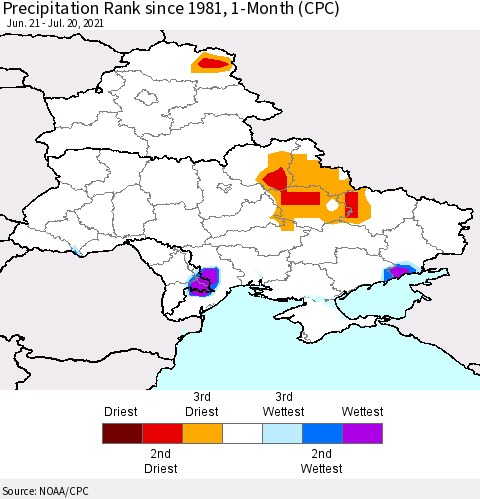 Ukraine, Moldova and Belarus Precipitation Rank 1-Month (CPC) Thematic Map For 6/21/2021 - 7/20/2021