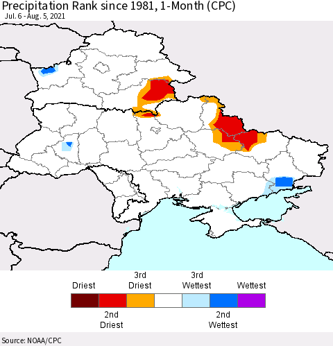 Ukraine, Moldova and Belarus Precipitation Rank 1-Month (CPC) Thematic Map For 7/6/2021 - 8/5/2021