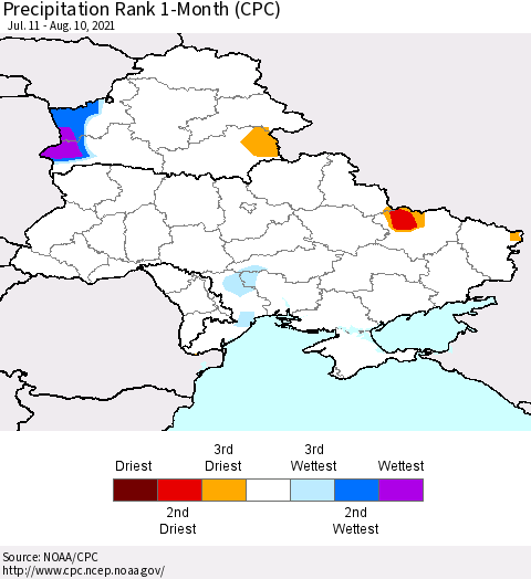 Ukraine, Moldova and Belarus Precipitation Rank 1-Month (CPC) Thematic Map For 7/11/2021 - 8/10/2021