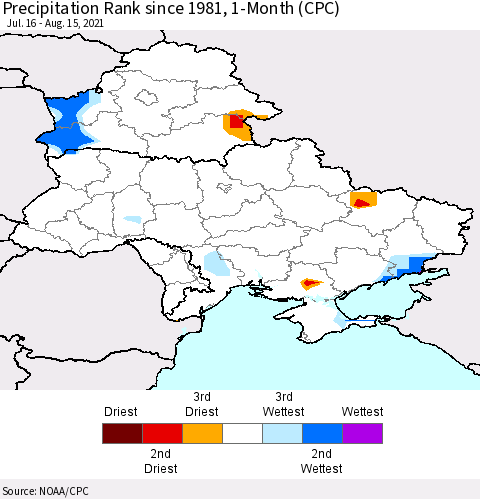 Ukraine, Moldova and Belarus Precipitation Rank 1-Month (CPC) Thematic Map For 7/16/2021 - 8/15/2021