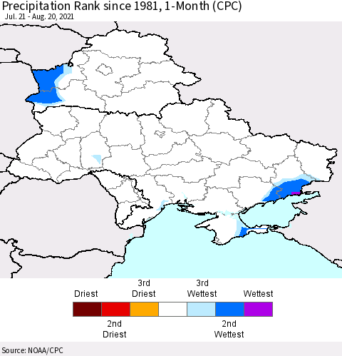 Ukraine, Moldova and Belarus Precipitation Rank 1-Month (CPC) Thematic Map For 7/21/2021 - 8/20/2021