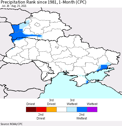 Ukraine, Moldova and Belarus Precipitation Rank since 1981, 1-Month (CPC) Thematic Map For 7/26/2021 - 8/25/2021