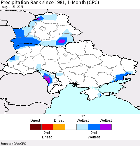 Ukraine, Moldova and Belarus Precipitation Rank 1-Month (CPC) Thematic Map For 8/1/2021 - 8/31/2021