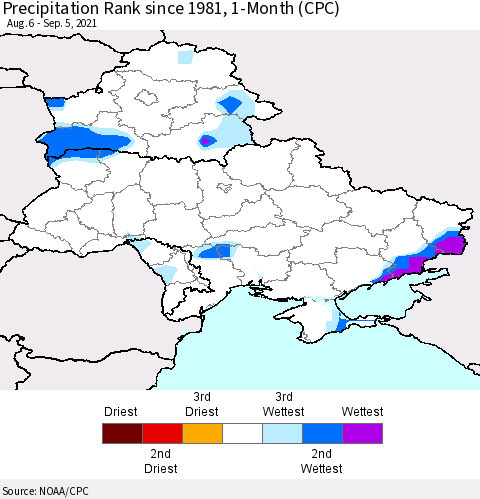 Ukraine, Moldova and Belarus Precipitation Rank 1-Month (CPC) Thematic Map For 8/6/2021 - 9/5/2021