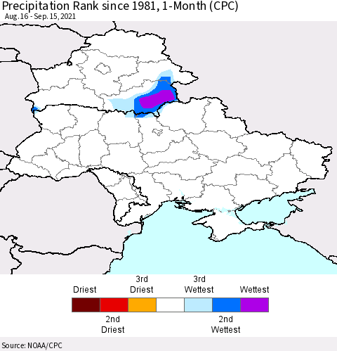 Ukraine, Moldova and Belarus Precipitation Rank since 1981, 1-Month (CPC) Thematic Map For 8/16/2021 - 9/15/2021