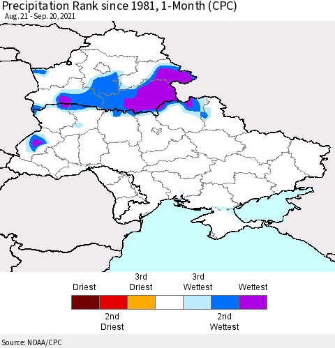 Ukraine, Moldova and Belarus Precipitation Rank since 1981, 1-Month (CPC) Thematic Map For 8/21/2021 - 9/20/2021