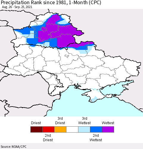 Ukraine, Moldova and Belarus Precipitation Rank 1-Month (CPC) Thematic Map For 8/26/2021 - 9/25/2021
