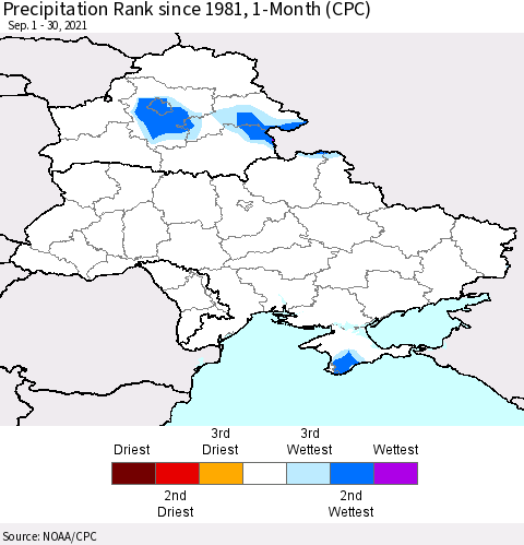 Ukraine, Moldova and Belarus Precipitation Rank since 1981, 1-Month (CPC) Thematic Map For 9/1/2021 - 9/30/2021