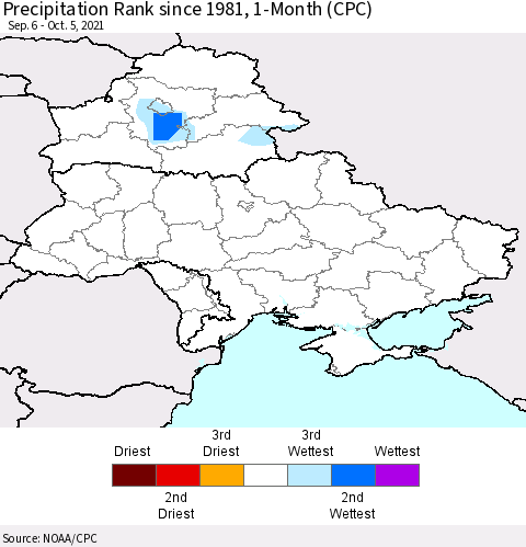 Ukraine, Moldova and Belarus Precipitation Rank 1-Month (CPC) Thematic Map For 9/6/2021 - 10/5/2021