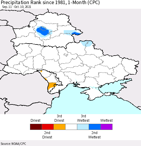 Ukraine, Moldova and Belarus Precipitation Rank since 1981, 1-Month (CPC) Thematic Map For 9/11/2021 - 10/10/2021