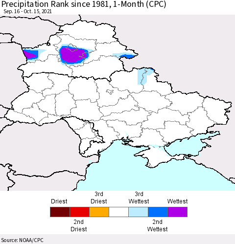 Ukraine, Moldova and Belarus Precipitation Rank since 1981, 1-Month (CPC) Thematic Map For 9/16/2021 - 10/15/2021