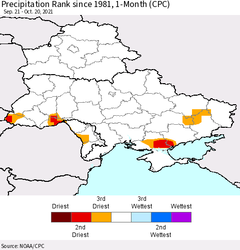 Ukraine, Moldova and Belarus Precipitation Rank 1-Month (CPC) Thematic Map For 9/21/2021 - 10/20/2021