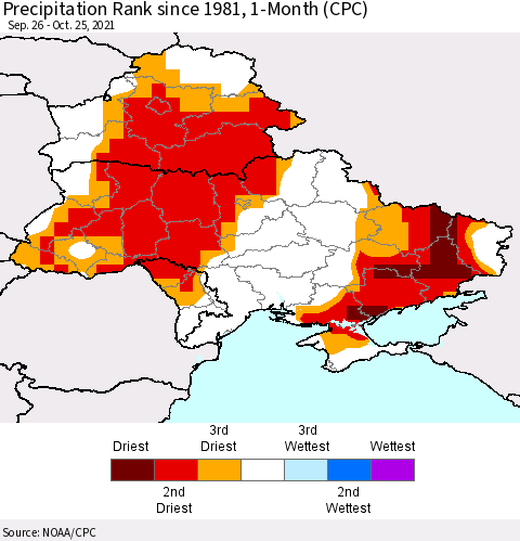 Ukraine, Moldova and Belarus Precipitation Rank 1-Month (CPC) Thematic Map For 9/26/2021 - 10/25/2021