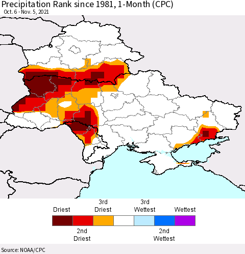 Ukraine, Moldova and Belarus Precipitation Rank 1-Month (CPC) Thematic Map For 10/6/2021 - 11/5/2021