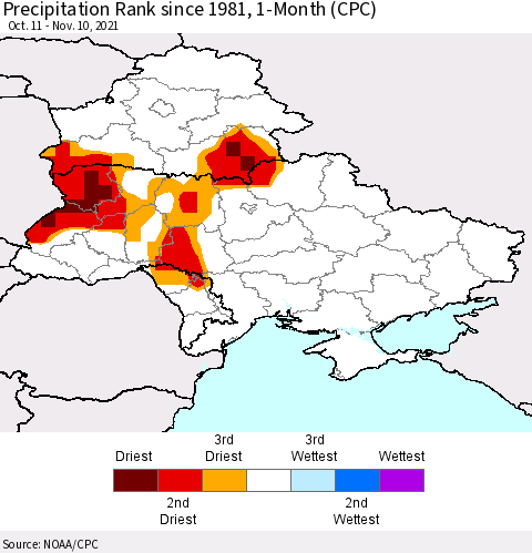 Ukraine, Moldova and Belarus Precipitation Rank since 1981, 1-Month (CPC) Thematic Map For 10/11/2021 - 11/10/2021
