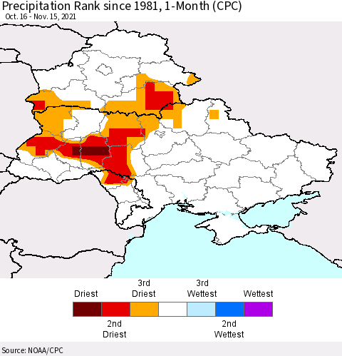 Ukraine, Moldova and Belarus Precipitation Rank since 1981, 1-Month (CPC) Thematic Map For 10/16/2021 - 11/15/2021