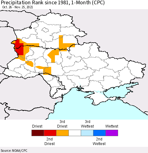 Ukraine, Moldova and Belarus Precipitation Rank 1-Month (CPC) Thematic Map For 10/26/2021 - 11/25/2021