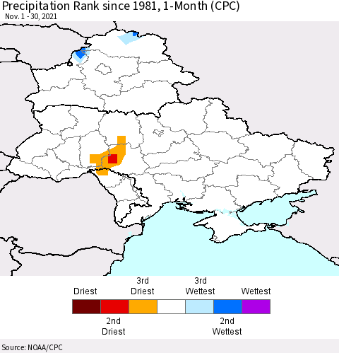 Ukraine, Moldova and Belarus Precipitation Rank since 1981, 1-Month (CPC) Thematic Map For 11/1/2021 - 11/30/2021