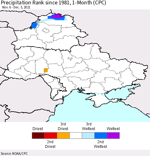 Ukraine, Moldova and Belarus Precipitation Rank 1-Month (CPC) Thematic Map For 11/6/2021 - 12/5/2021