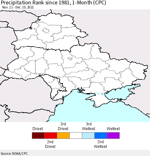 Ukraine, Moldova and Belarus Precipitation Rank 1-Month (CPC) Thematic Map For 11/11/2021 - 12/10/2021