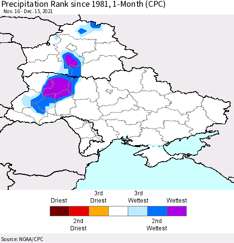 Ukraine, Moldova and Belarus Precipitation Rank since 1981, 1-Month (CPC) Thematic Map For 11/16/2021 - 12/15/2021