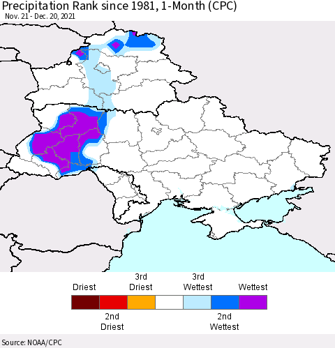 Ukraine, Moldova and Belarus Precipitation Rank 1-Month (CPC) Thematic Map For 11/21/2021 - 12/20/2021